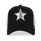 Vintage Havana Trucker Hat for Women – White Mesh & Black Canvas Adjustable Cap With Washed Gold Star